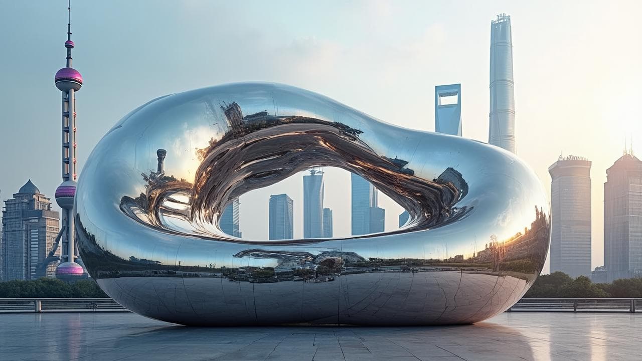 上海城市背景中的不锈钢雕塑