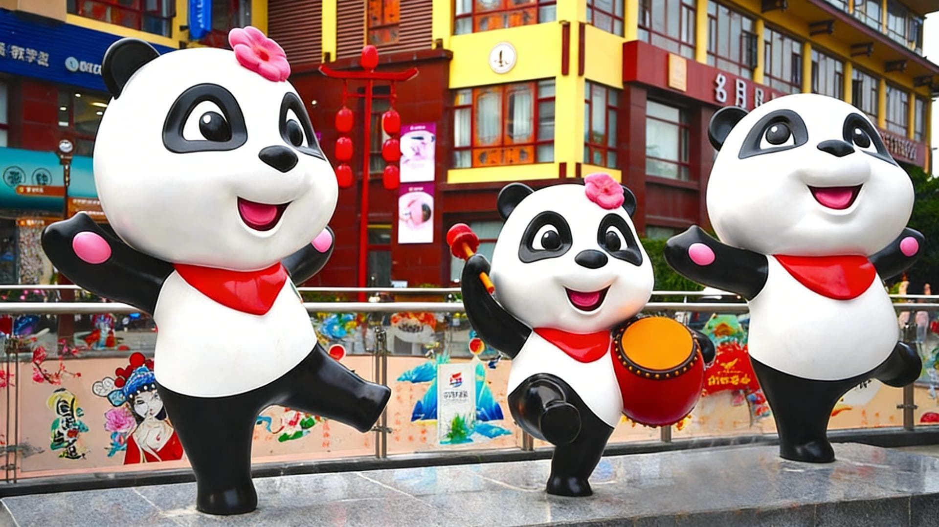 卡通熊猫玻璃钢雕塑 · 城市公共空间吉祥物景观