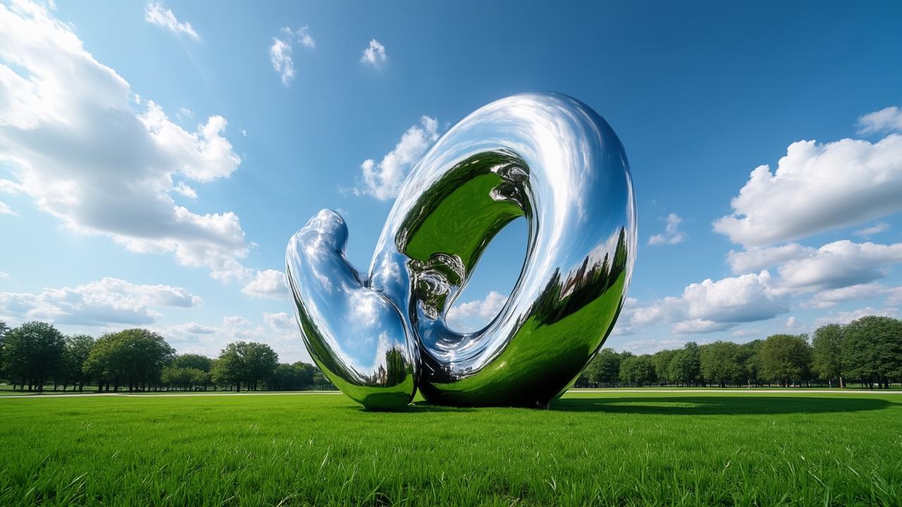 现代镜面不锈钢景观雕塑在公园中的实景展示